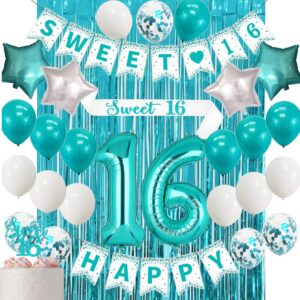 sweet 16 party decorations teal 16th birthday decorations for girls sweet 16 birthday banner 16 teal blue balloons birthday sash and caketopper