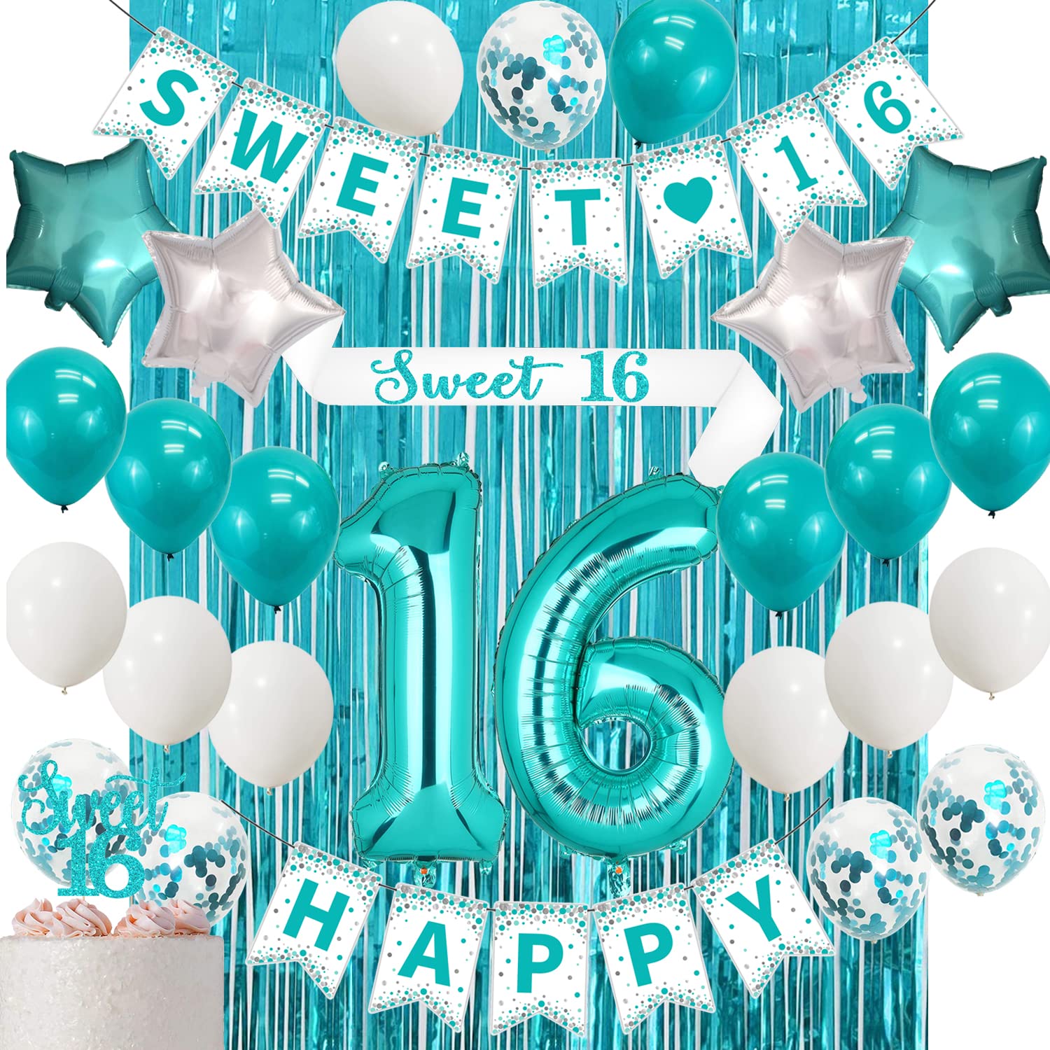 Sweet 16 Party Decorations Teal 16th Birthday Decorations for Girls Sweet 16 Birthday Banner 16 Teal Blue Balloons Birthday Sash and Caketopper