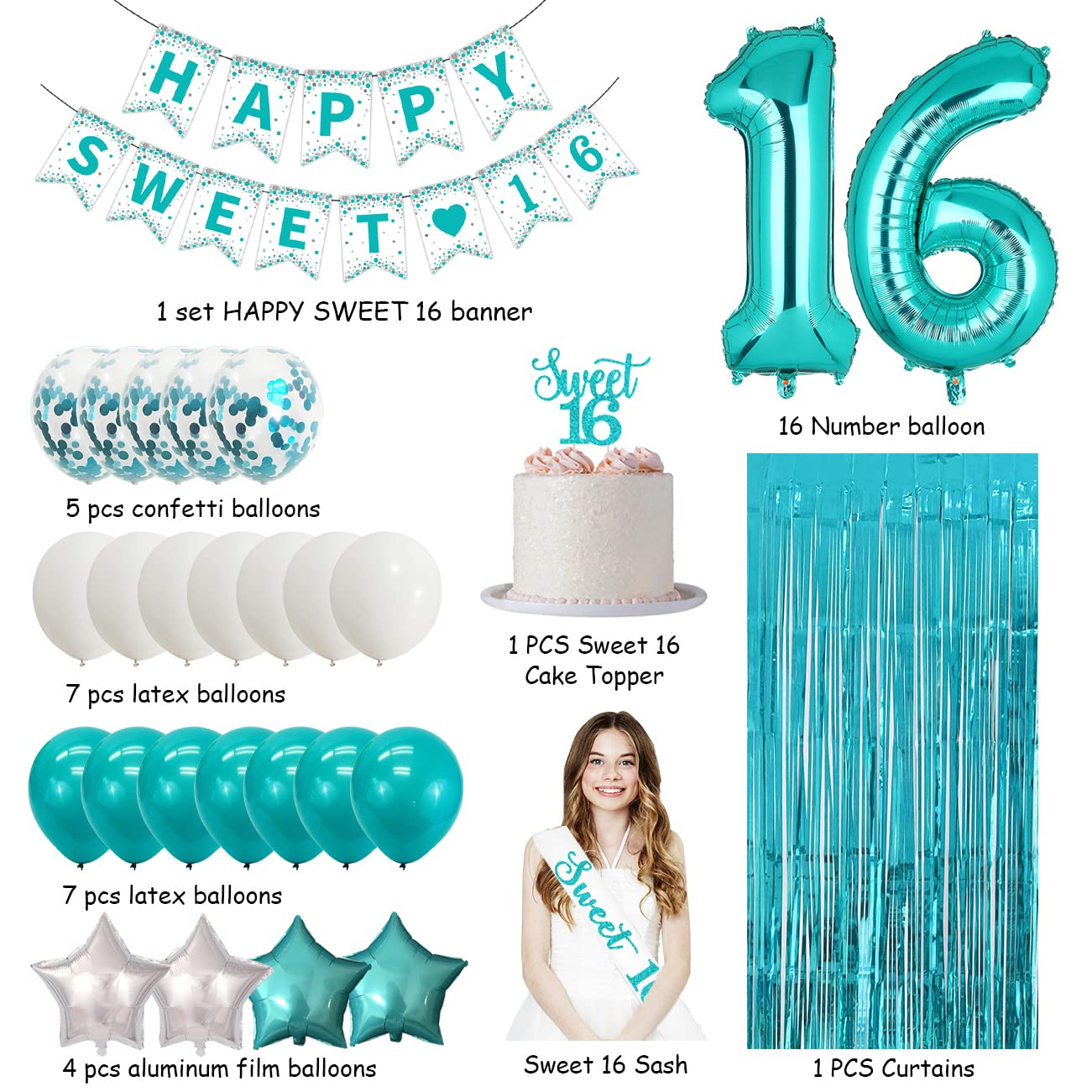 Sweet 16 Party Decorations Teal 16th Birthday Decorations for Girls Sweet 16 Birthday Banner 16 Teal Blue Balloons Birthday Sash and Caketopper