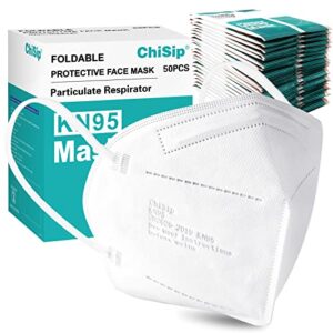 chisip kn95 face masks 50 pack, individually wrapped cup dust safety masks 5 layer protection mask for adult, men, women, indoor, outdoor use, white