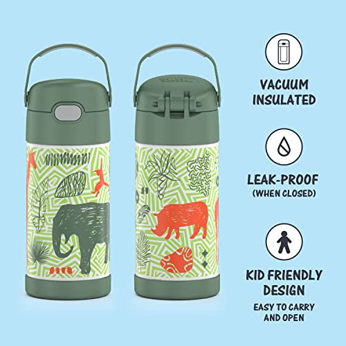 THERMOS FUNTAINER 12 Ounce Stainless Steel Vacuum Insulated Kids Straw Bottle, Jungle Kingdom