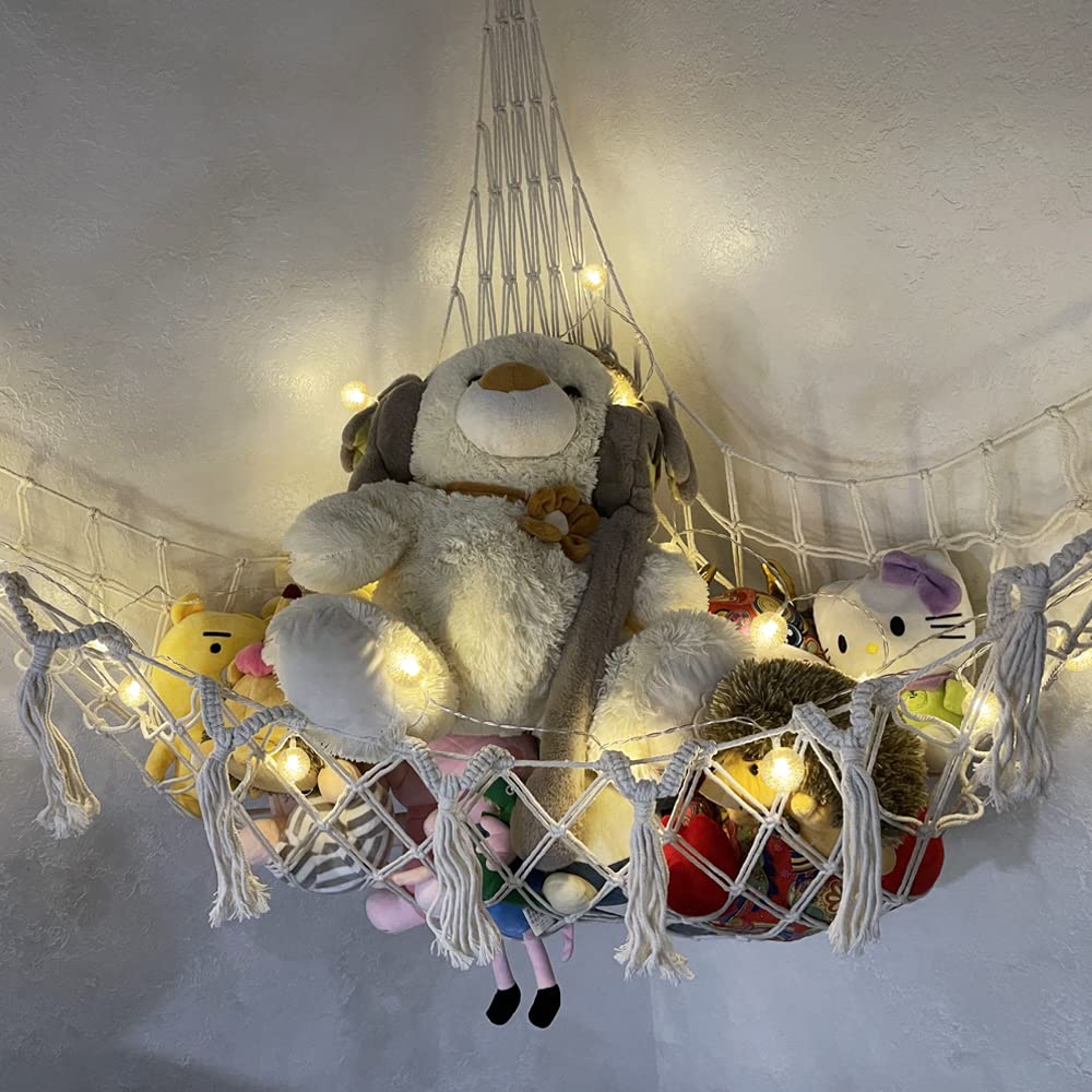 SOPEWOD Stuffed Animal Hammock to Store Plush Pet Toys,Stuffed Animal Net with Tassels,Toy Hammock with Boho Style,Toy Net Hammock with Star String Lights (Small)