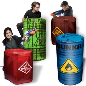 BUNKR BattleZones Battle Royale Inflatable Bunker Fort - 4 Piece Barricade Shield Set Crates and Barrels - Perfect for NERF Party