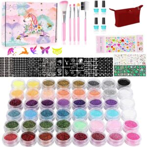 glitter tattoos kit 48 colors waterproof temporary tattoos with 203 stencils, 5 brushes 4 glue, body nail art, body glitter festival party (48 colors)