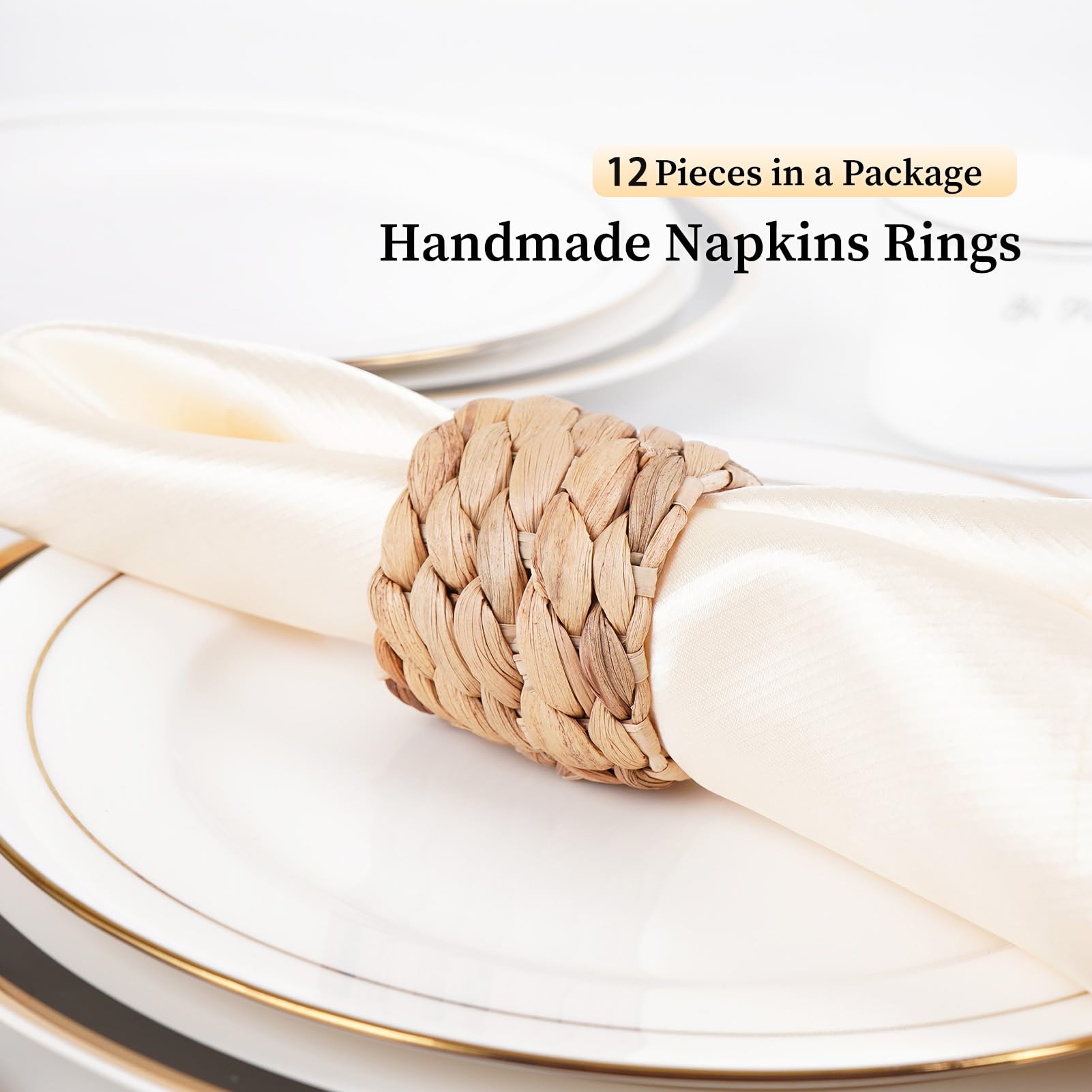 WOHIWO Napkin Rings Set of 12, Farmhouse Napkin Rings Table Decor Handmade by Natural Water Hyacinth, Fall Rustic Napkin Rings for Thanksgiving, Christmas, Wedding Table Dinnerware Decoration Set