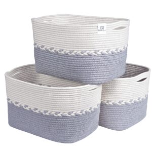 rithlela 3 pack woven baskets 15"x10"x9" cotton rope cube storage baskets for organizing foldable decorative bins baby basket for nursery storage shelf for clothes, toy light grey & white design