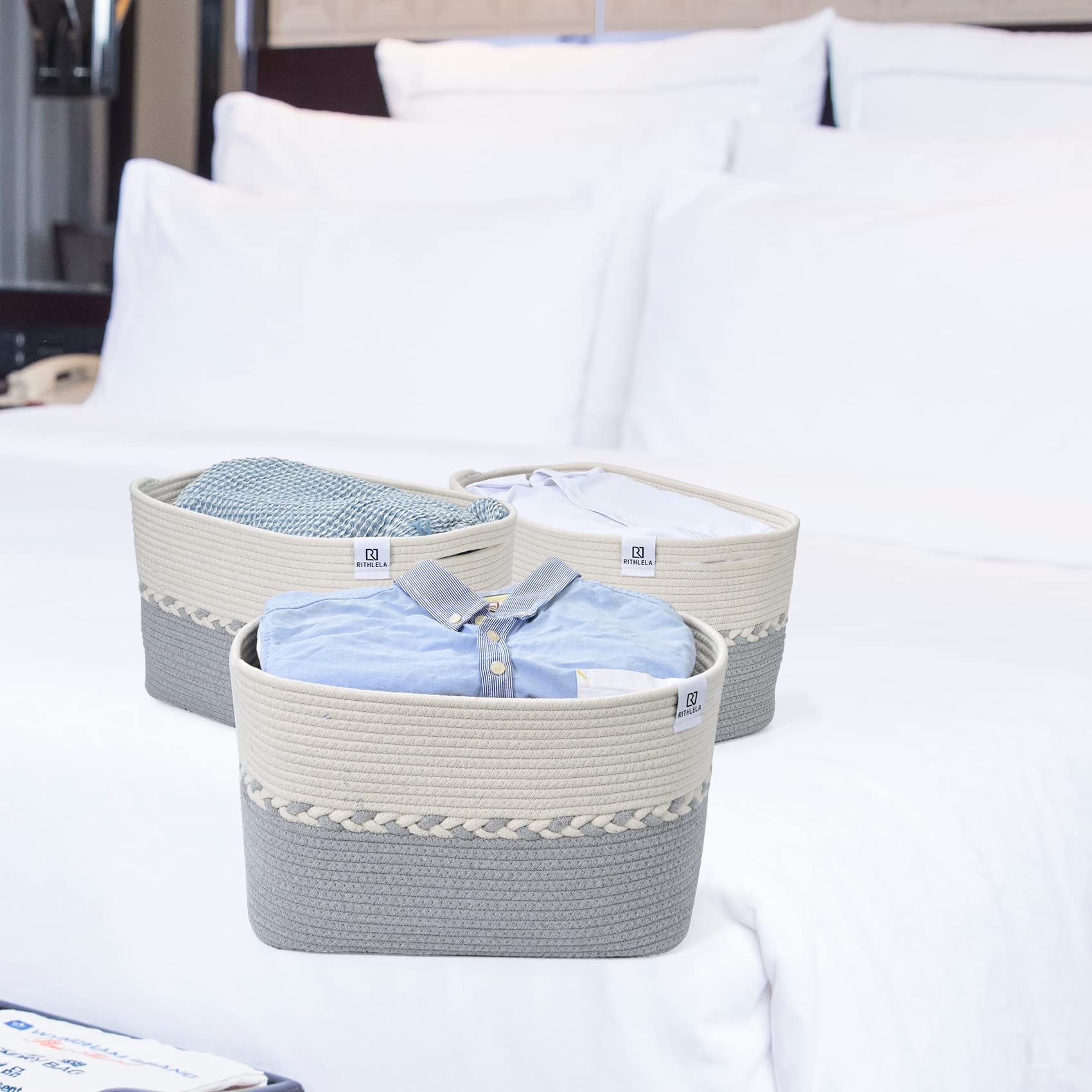 RITHLELA 3 Pack Woven Baskets 15"x10"x9" Cotton Rope Cube Storage Baskets for Organizing Foldable Decorative Bins Baby Basket for Nursery Storage Shelf for Clothes, Toy Light Grey & White Design