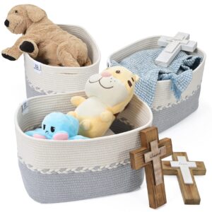 RITHLELA 3 Pack Woven Baskets 15"x10"x9" Cotton Rope Cube Storage Baskets for Organizing Foldable Decorative Bins Baby Basket for Nursery Storage Shelf for Clothes, Toy Light Grey & White Design