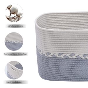 RITHLELA 3 Pack Woven Baskets 15"x10"x9" Cotton Rope Cube Storage Baskets for Organizing Foldable Decorative Bins Baby Basket for Nursery Storage Shelf for Clothes, Toy Light Grey & White Design