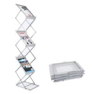 malkaron foldable magazine rack brochure display stand holder catalog literature display rack with portable oxford carrying bag for office trade show exhibitions retail store (6 pockets silver)