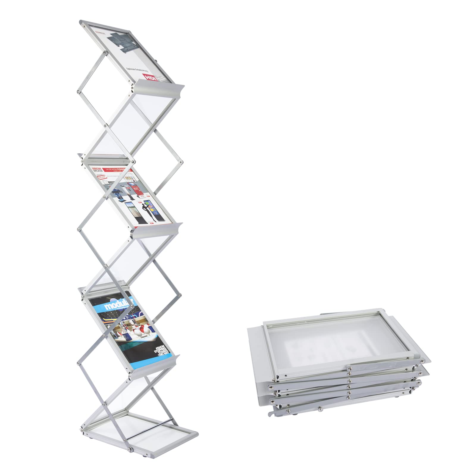 MALKARON Foldable Magazine Rack Brochure Display Stand Holder Catalog Literature Display Rack with Portable Oxford Carrying Bag for Office Trade Show Exhibitions Retail Store (6 Pockets Silver)