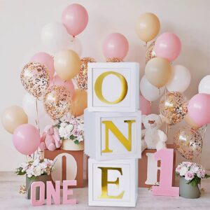 first birthday decorations for girl boy - 3pcs stereoscopic balloon boxes with one letters for baby 1st birthday party supplies, baby cube blocks for abc photography props table centerpiece