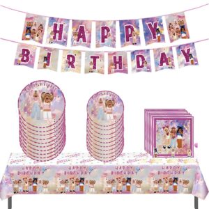 pink girl robot blocks party birthday supplies, robot girls game party tableware with happy birthday banner, tablecloth, disposable paper plates with napkins for kids party supplies decorations