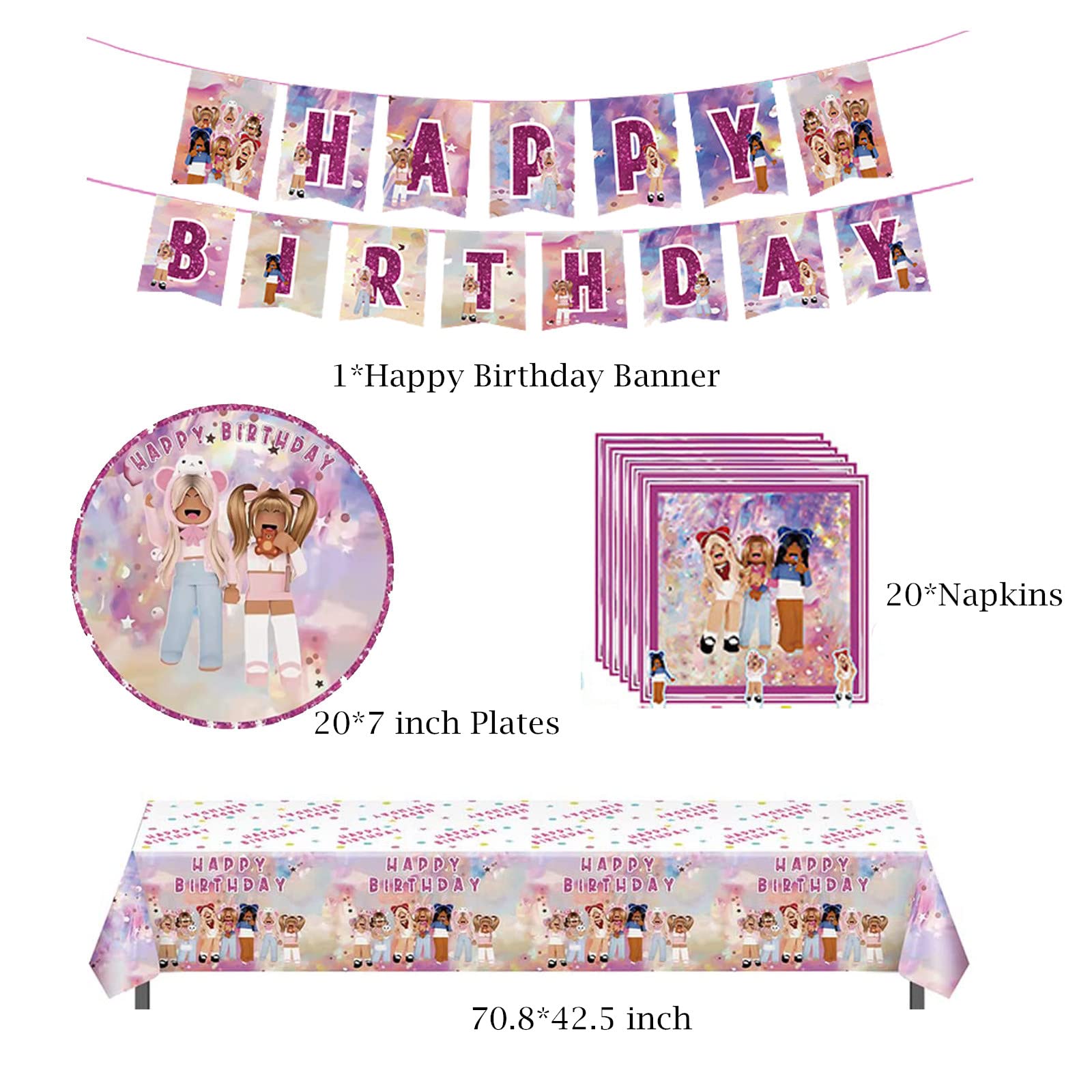 Pink Girl Robot Blocks Party Birthday Supplies, Robot Girls Game Party Tableware with Happy Birthday Banner, tablecloth, Disposable Paper Plates with Napkins for Kids Party Supplies Decorations