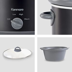 Kenmore 5 Quart Slow Cooker, Black and Grey, Compact Countertop Cooking, Warm, Braise, Simmer, Sous Vide, Stew, Soup, Curry, Chili, Fondue, Yogurt