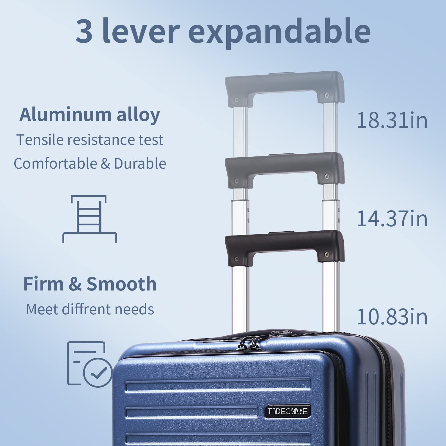 TydeCkare 20 Inch Carrry On Luggage with Front Zipper Pocket, 45L, Lightweight ABS+PC Hardshell Suitcase with TSA Lock & Spinner Silent Wheels, Convenient for Business Trips, Ice Blue