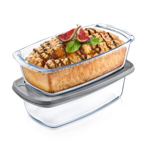 nutrichef 2-piece glass loaf pan set, 1.9-qt stackable tempered glass bread pans w/airtight bpa-free lid - dishwasher, oven, freezer, & microwave safe, 62oz loaf dish set