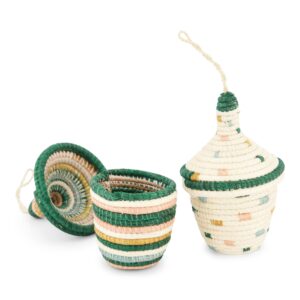 kazi small mini lidded gift basket set, artisan made with sisal, eco-friendly (set of 2 green stripe)