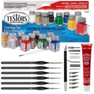 testors model paint enamel 10pc paint set, testors cement plastic model glue adhesive, pixiss 6 fine detail miniatures paint brushes, pixiss precision crafting knife with extra blades and tips