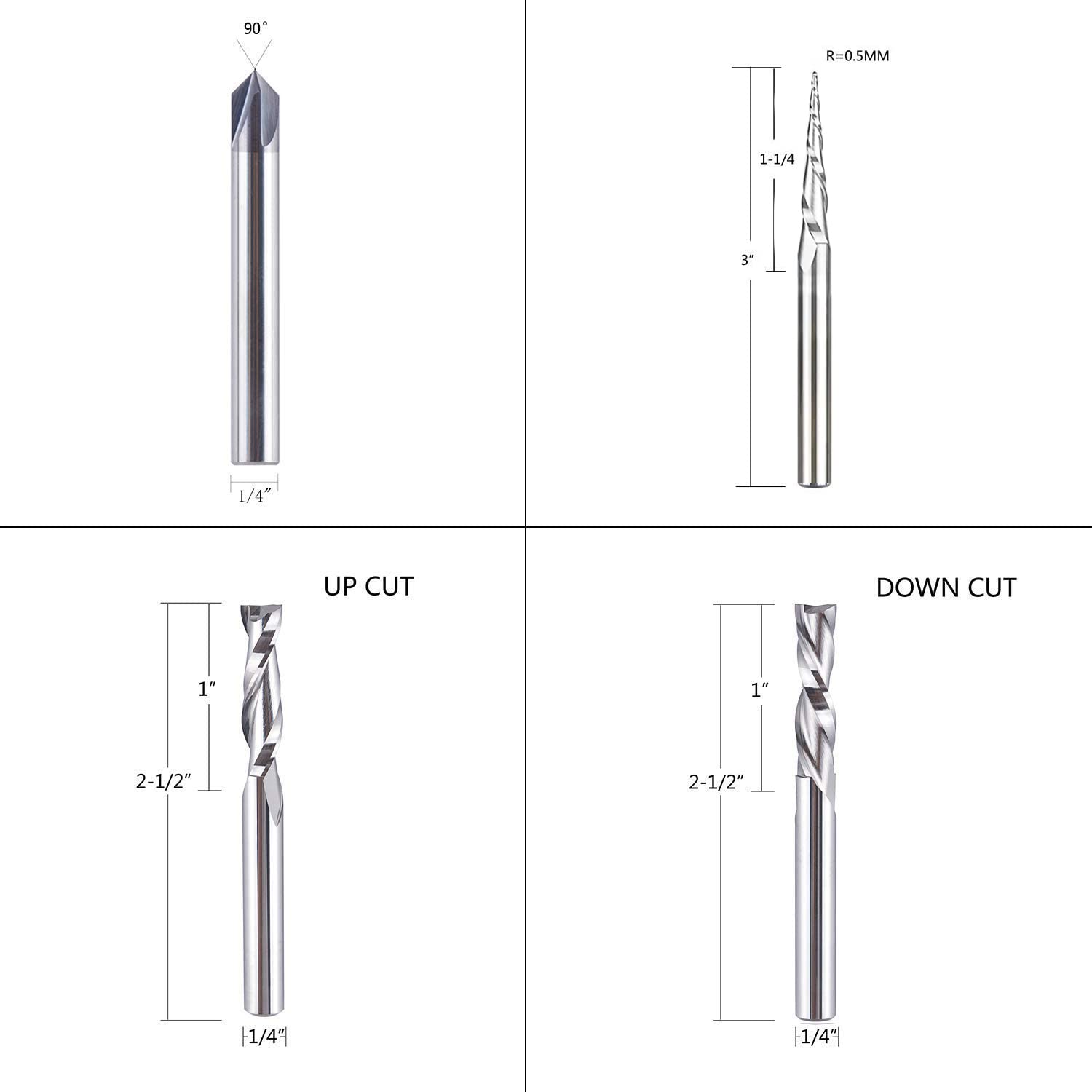 Sinoprotools 1/4 Shank CNC Router Bits Carving Set, CNC Wood Router Bits, CNC Router Kit End Mills,V Groove Engraving Router Bit, Cabinet Making Tools-4 Pcs