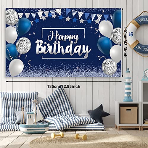 Navy Blue Birthday Confetti Balloons Kit Set 50 Pieces Blue Birthday Photography Backdrop Banner Package for Boys Girls Men Women Birthday Party Decorations Supplies (Navy Blue and Silver)