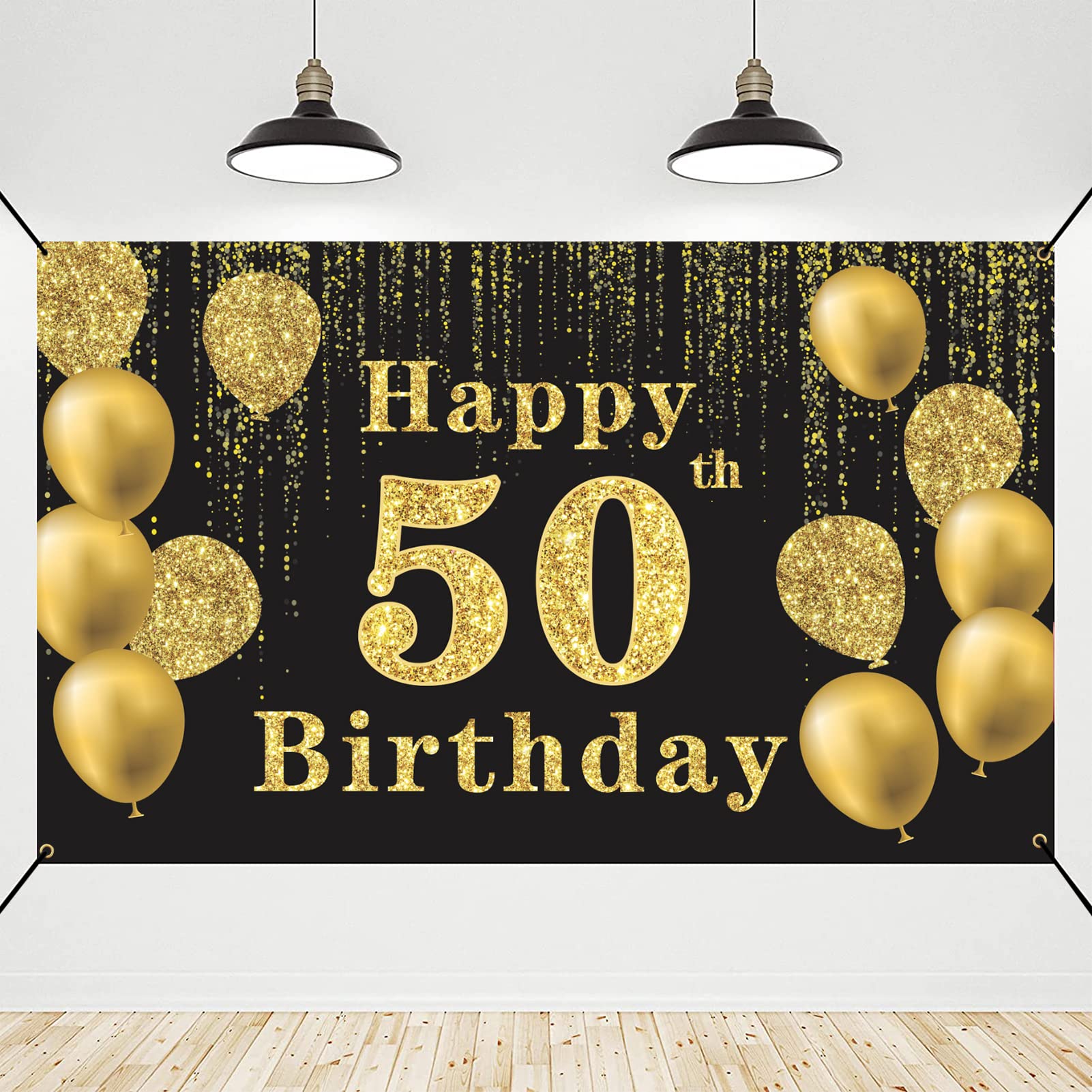 Crenics Happy 50th Birthday Backdrop Banner, Extra Large 50 Birthday Photo Background, Black Gold 50 Years Old Birthday Decorations Party Supplies for Men Women, 5.9 x 3.6 ft