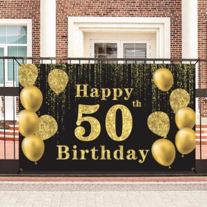 Crenics Happy 50th Birthday Backdrop Banner, Extra Large 50 Birthday Photo Background, Black Gold 50 Years Old Birthday Decorations Party Supplies for Men Women, 5.9 x 3.6 ft