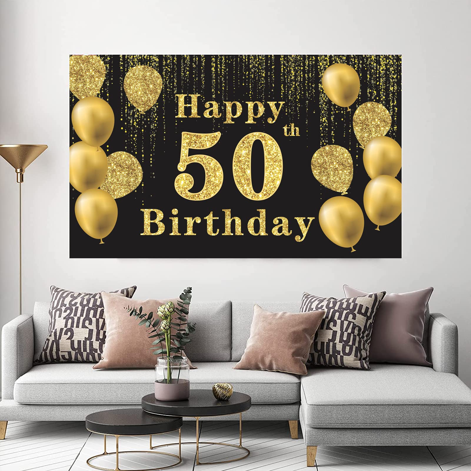 Crenics Happy 50th Birthday Backdrop Banner, Extra Large 50 Birthday Photo Background, Black Gold 50 Years Old Birthday Decorations Party Supplies for Men Women, 5.9 x 3.6 ft