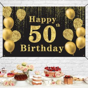 Crenics Happy 50th Birthday Backdrop Banner, Extra Large 50 Birthday Photo Background, Black Gold 50 Years Old Birthday Decorations Party Supplies for Men Women, 5.9 x 3.6 ft