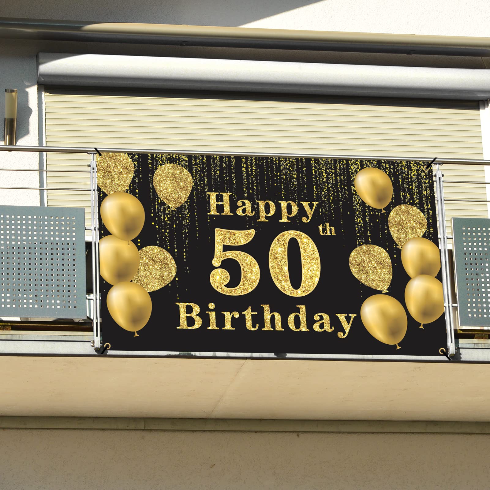 Crenics Happy 50th Birthday Backdrop Banner, Extra Large 50 Birthday Photo Background, Black Gold 50 Years Old Birthday Decorations Party Supplies for Men Women, 5.9 x 3.6 ft