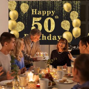 Crenics Happy 50th Birthday Backdrop Banner, Extra Large 50 Birthday Photo Background, Black Gold 50 Years Old Birthday Decorations Party Supplies for Men Women, 5.9 x 3.6 ft