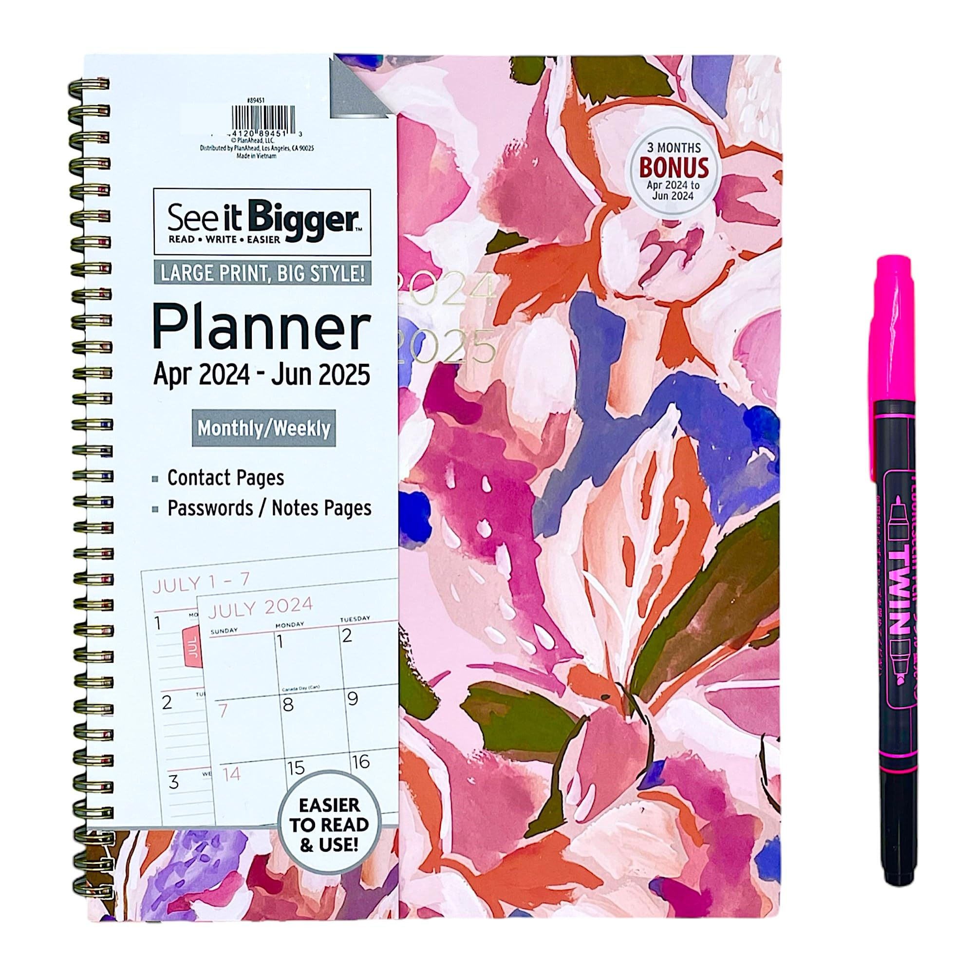 PlanAhead See IT Bigger April 2024 - June 2025 Monthly/Weekly Large Planner 8.5" x 11"and SUHEYLA Twin Fluresten Pen