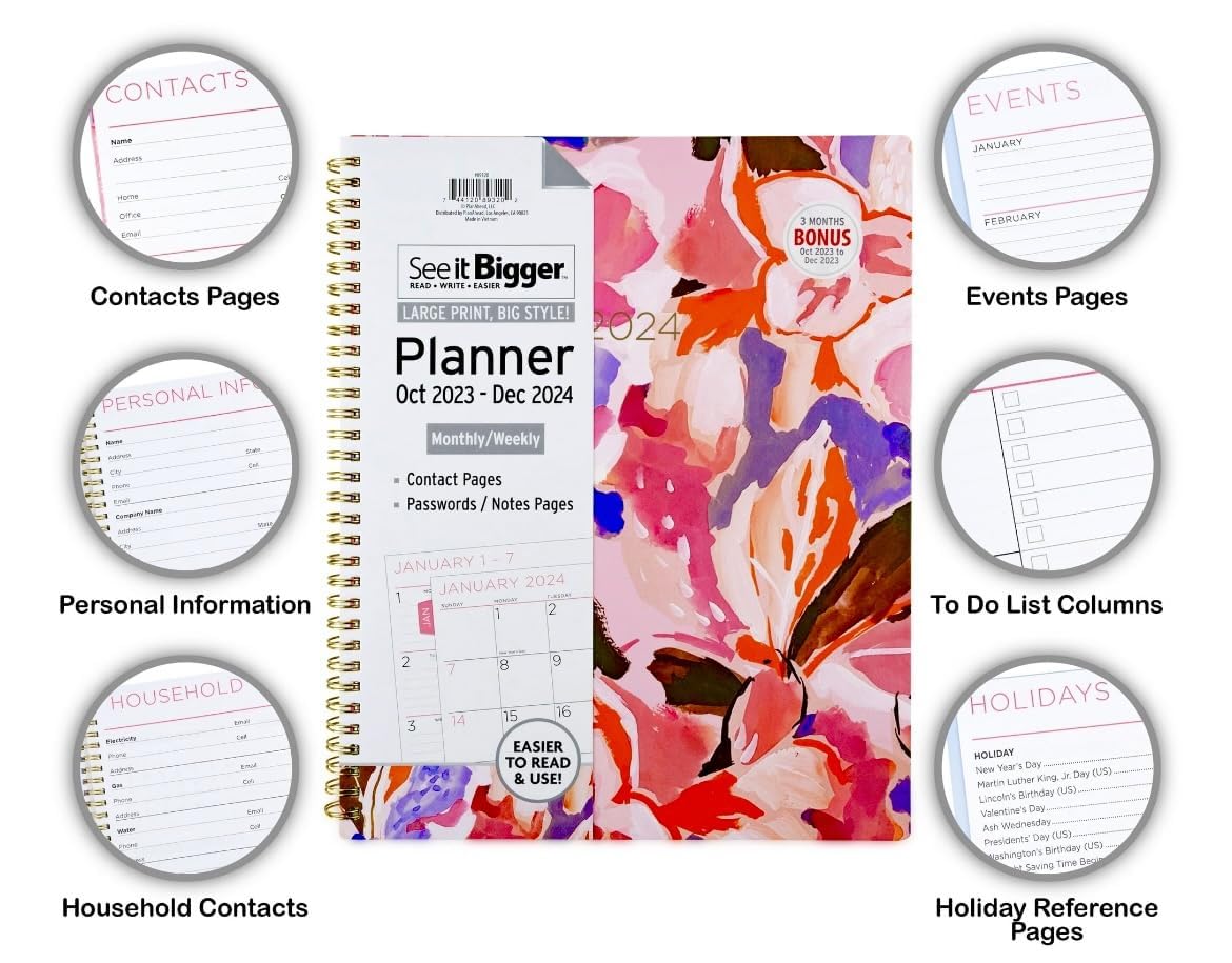 PlanAhead See IT Bigger April 2024 - June 2025 Monthly/Weekly Large Planner 8.5" x 11"and SUHEYLA Twin Fluresten Pen