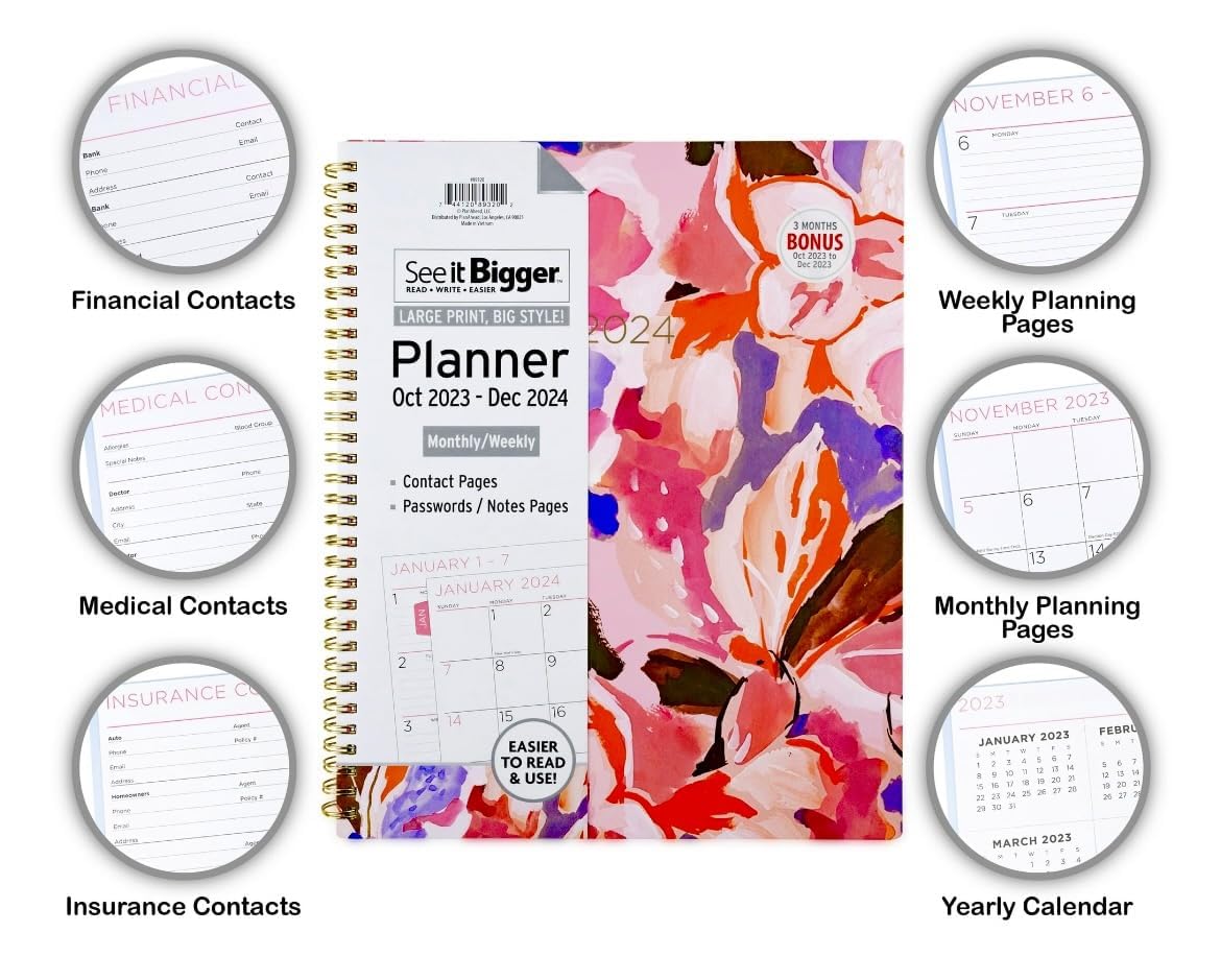 PlanAhead See IT Bigger April 2024 - June 2025 Monthly/Weekly Large Planner 8.5" x 11"and SUHEYLA Twin Fluresten Pen