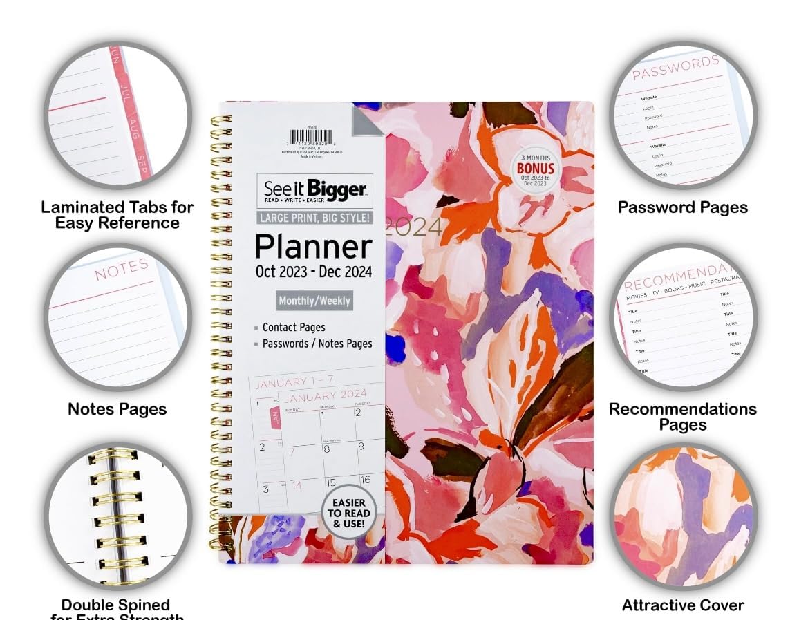 PlanAhead See IT Bigger April 2024 - June 2025 Monthly/Weekly Large Planner 8.5" x 11"and SUHEYLA Twin Fluresten Pen