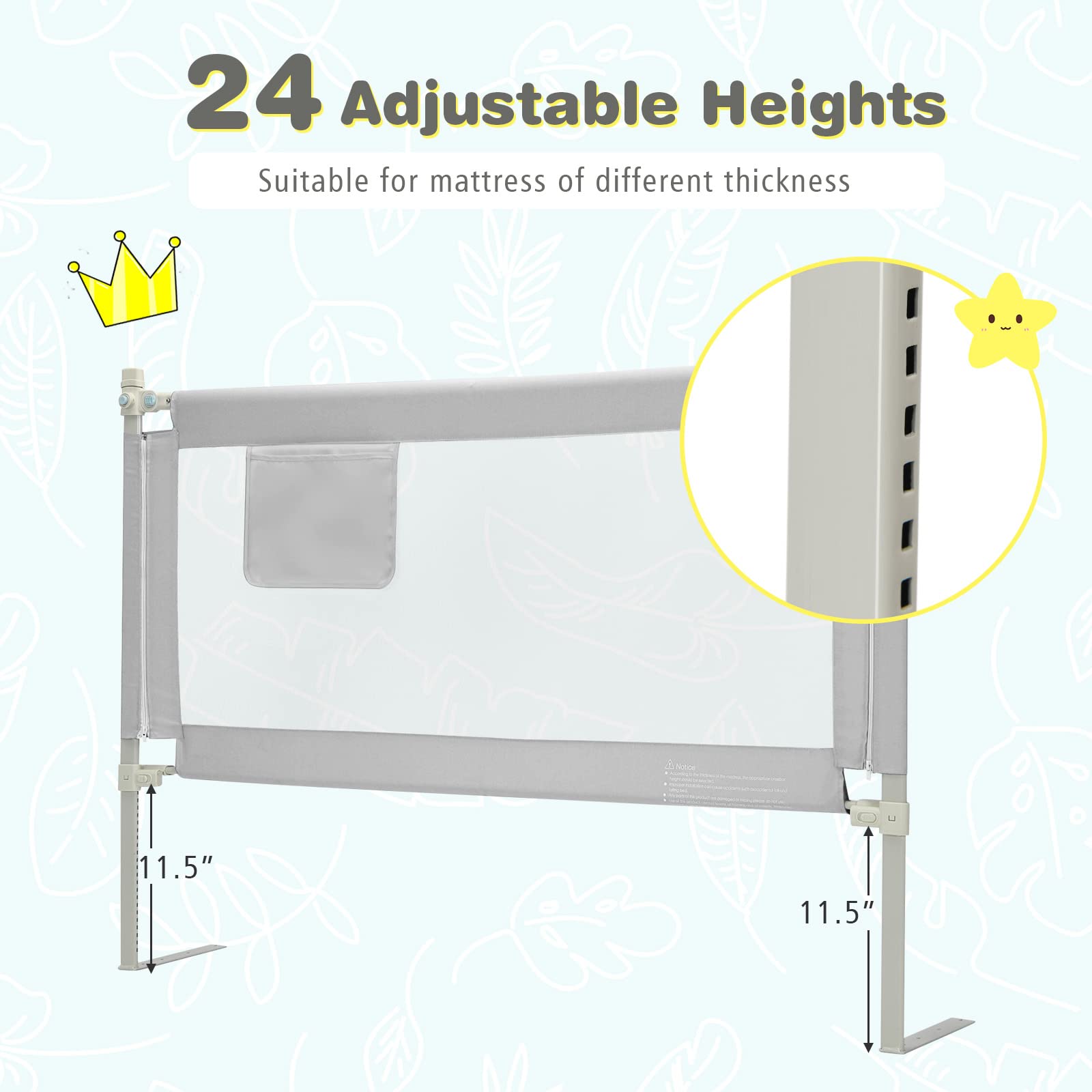BABY JOY Bed Rail for Toddlers, 57’’ Extra Long, Height Adjustable & Foldable Baby Bed Rail Guard w/Storage Pocket & Double Safety Child Lock for Kids Twin Double Full Size Queen King Mattress (Gray)