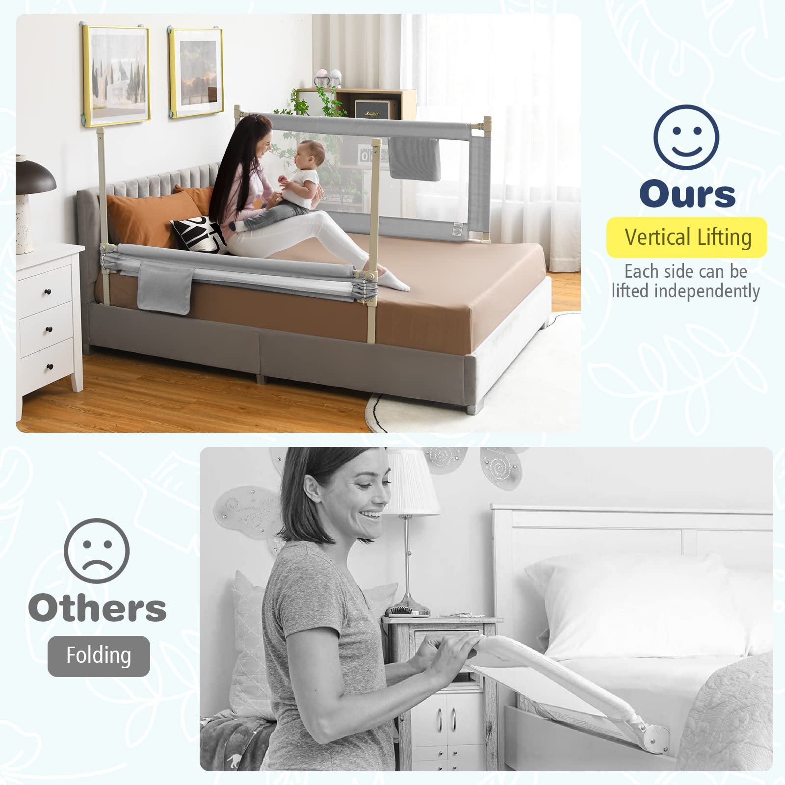 BABY JOY Bed Rail for Toddlers, 57’’ Extra Long, Height Adjustable & Foldable Baby Bed Rail Guard w/Storage Pocket & Double Safety Child Lock for Kids Twin Double Full Size Queen King Mattress (Gray)