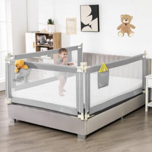 BABY JOY Bed Rail for Toddlers, 57’’ Extra Long, Height Adjustable & Foldable Baby Bed Rail Guard w/Storage Pocket & Double Safety Child Lock for Kids Twin Double Full Size Queen King Mattress (Gray)