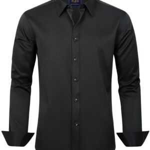 J.VER Men's Dress Shirts Solid Long Sleeve Stretch Wrinkle-Free Shirt Regular Fit Casual Button Down Shirts Black Medium