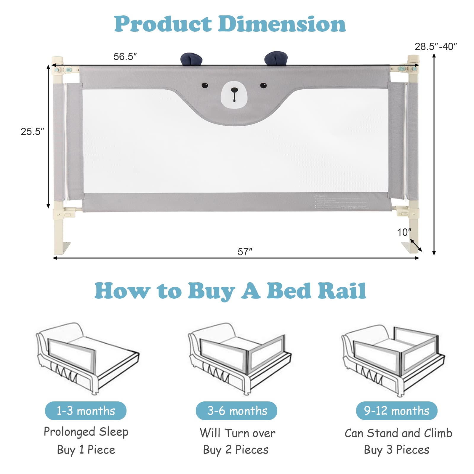 BABY JOY Bed Rail for Toddlers, 57’’ Extra Long, Height Adjustable & Folding Baby Bed Rail Guard w/Breathable Mesh & Double Safety Child Lock for Kids Twin Double Full Size Queen King Mattress (Gray)