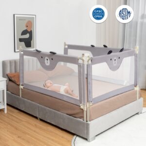 BABY JOY Bed Rail for Toddlers, 57’’ Extra Long, Height Adjustable & Folding Baby Bed Rail Guard w/Breathable Mesh & Double Safety Child Lock for Kids Twin Double Full Size Queen King Mattress (Gray)