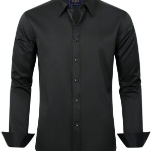 J.VER Men's Dress Shirts Solid Long Sleeve Stretch Wrinkle-Free Shirt Regular Fit Casual Button Down Shirts Black Large