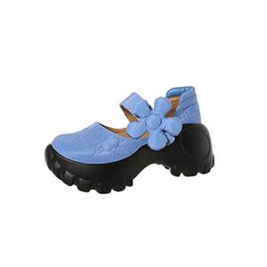 women mary janes - walking buffer shoes round toe chunky platform hook-loop strap and concealed orthotic arch support sneakers blue