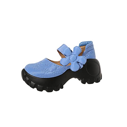 Women Mary Janes - Walking Buffer Shoes Round Toe Chunky Platform Hook-Loop Strap and Concealed Orthotic Arch Support Sneakers Blue