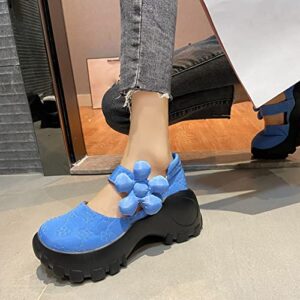 Women Mary Janes - Walking Buffer Shoes Round Toe Chunky Platform Hook-Loop Strap and Concealed Orthotic Arch Support Sneakers Blue