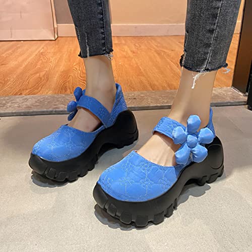 Women Mary Janes - Walking Buffer Shoes Round Toe Chunky Platform Hook-Loop Strap and Concealed Orthotic Arch Support Sneakers Blue