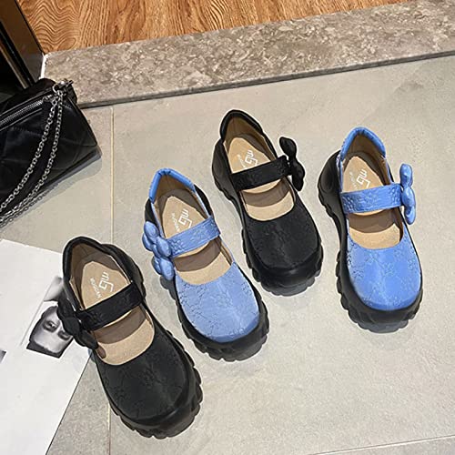 Women Mary Janes - Walking Buffer Shoes Round Toe Chunky Platform Hook-Loop Strap and Concealed Orthotic Arch Support Sneakers Blue
