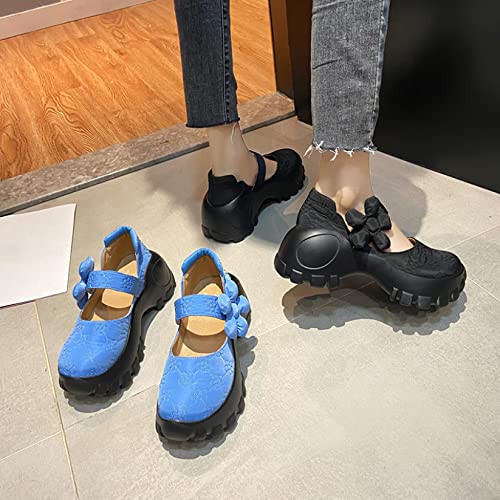 Women Mary Janes - Walking Buffer Shoes Round Toe Chunky Platform Hook-Loop Strap and Concealed Orthotic Arch Support Sneakers Blue