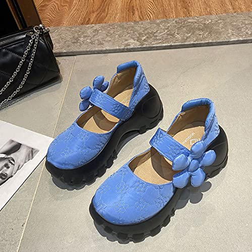 Women Mary Janes - Walking Buffer Shoes Round Toe Chunky Platform Hook-Loop Strap and Concealed Orthotic Arch Support Sneakers Blue