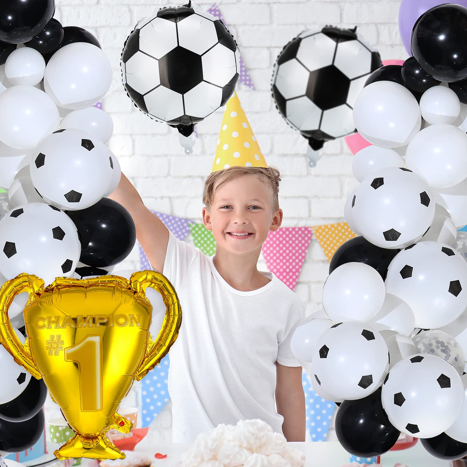 Soccer Party Balloon Arch Kit Soccer Balloon Party Decor Include Soccer Championship Trophy Foil Balloon White Black Latex Balloons for Birthday Soccer Sports Themed Party Supplies